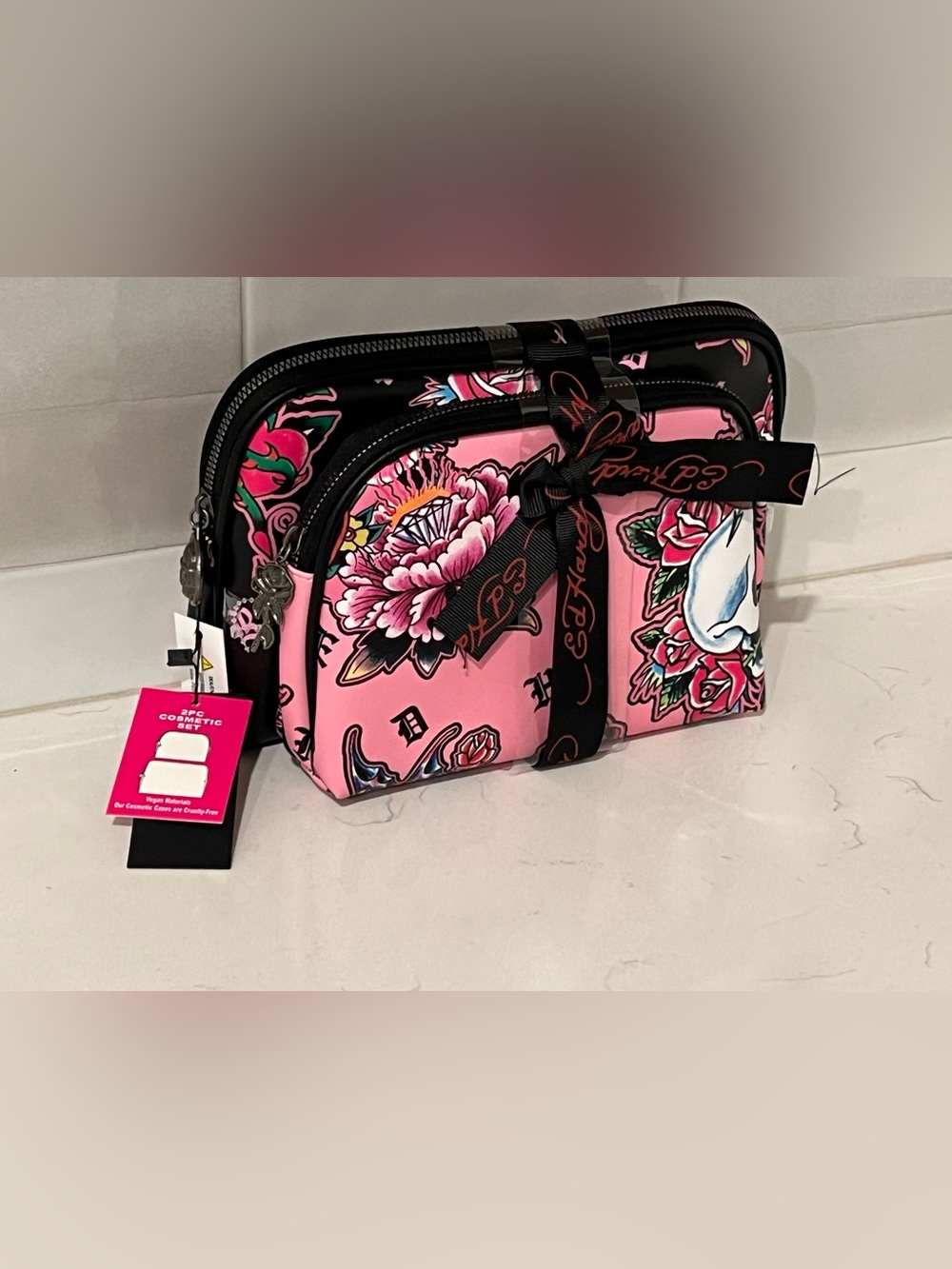 ED HARDY Pink Black SKULL Cosmetic Bag Set 2pc Travel Bathroom Makeup NWT Y2K